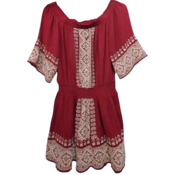 Revolve Tularosa Fiona Off Shoulder Embroidered Burgundy Dress Medium Boho - Picture 2 of 12